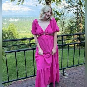 Pink Ring-Front Puff Sleeve Maxi Dress
